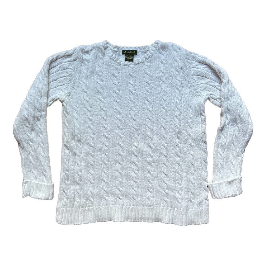 VINTAGE SWEATER CABLE KNIT WHITE EDDIE BAUER COTTON WOMENS SZ S